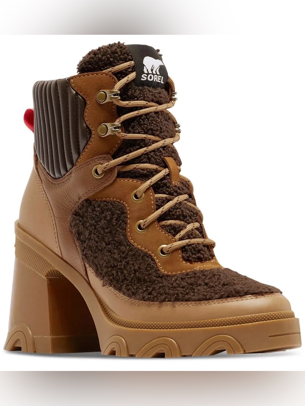 Sorel Brex Cozy Mixed-Media Lace-Up Blackend Brown Pick Heel Booties Size 8.5